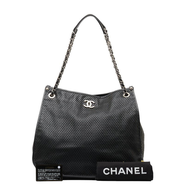 シャネル ココマーク パンチング チェーン 斜め掛け ショルダーバッグ トートバッグ ブラック レザー レディース CHANEL 【中古】