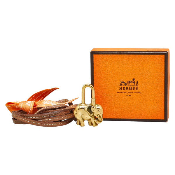 エルメス カデナチャーム ゾウ モチーフ チョーカー ゴールド ブラウン メッキ レザー レディース HERMES 【中古】