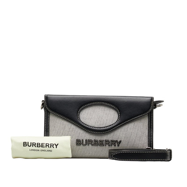 バーバリー ロゴ  ホースフェリー ハンドバッグ ショルダーバッグ 2WAY グレー ブラック コットンキャンバス レザー レディース BURBERRY 【中古】