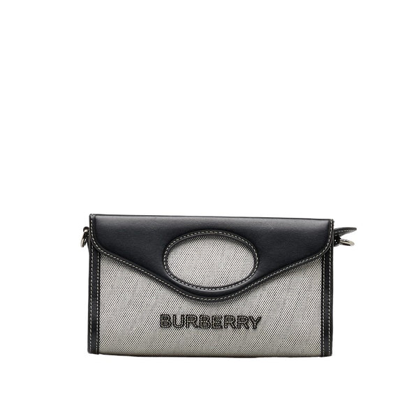 バーバリー ロゴ  ホースフェリー ハンドバッグ ショルダーバッグ 2WAY グレー ブラック コットンキャンバス レザー レディース BURBERRY 【中古】