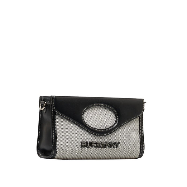 バーバリー ロゴ  ホースフェリー ハンドバッグ ショルダーバッグ 2WAY グレー ブラック コットンキャンバス レザー レディース BURBERRY 【中古】