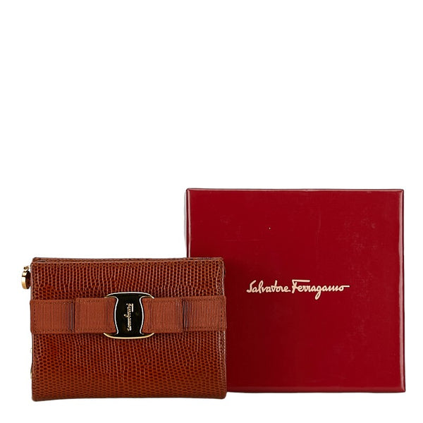 サルヴァトーレフェラガモ ヴァラリボン 型押し ポーチ 小物入れ ブラウン レザー レディース Salvatore Ferragamo 【中古】