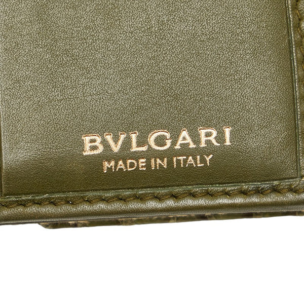 ブルガリ ロゴマニア 二つ折り財布 コンパクトウォレット ブラウン グリーン キャンバス レザー レディース BVLGARI 【中古】