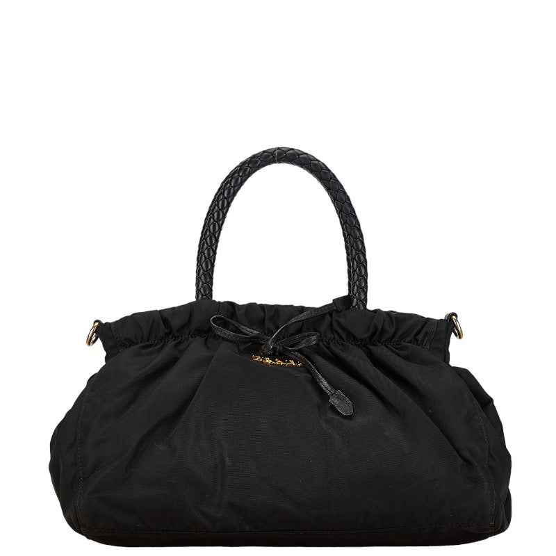 プラダ リボン モチーフ ハンドバッグ BN1631 ブラック ナイロン レザー レディース PRADA 【中古】