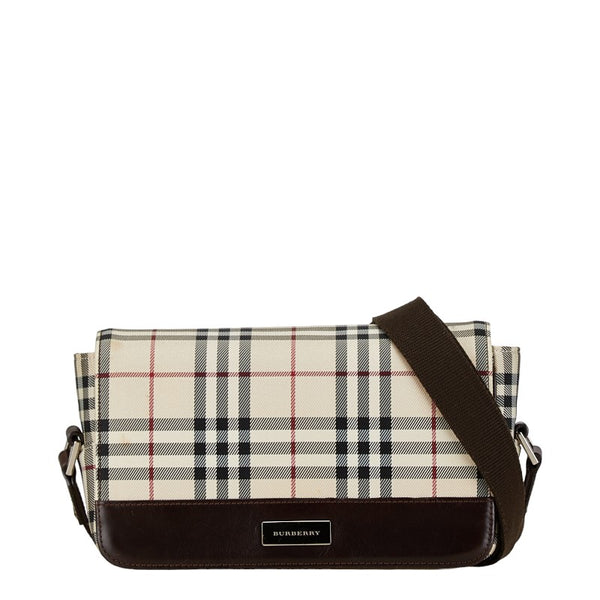 バーバリー ノバチェック ロゴプレート ショルダーバッグ ベージュ ブラウン キャンバス レザー レディース BURBERRY 【中古】