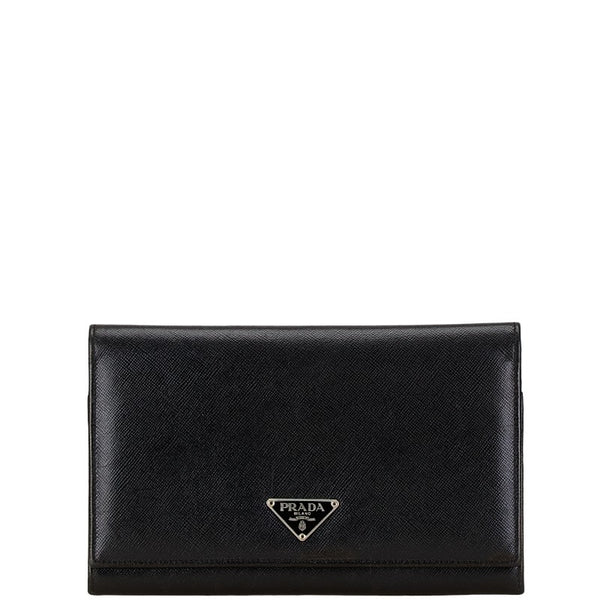 プラダ 三角ロゴプレート 長財布 ブラック レザー レディース PRADA 【中古】