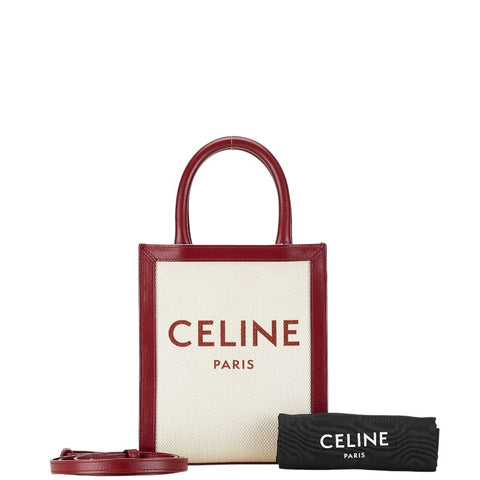 セリーヌ ロゴ バーティガルスモール ハンドバッグ ショルダーバッグ 2WAY ホワイト レッド キャンバス レザー レディース CELINE 【中古】