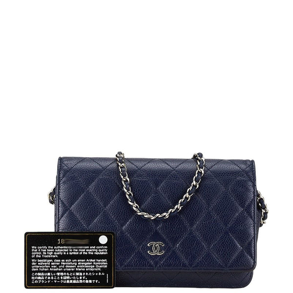 シャネル ココマーク マトラッセ 長財布 チェーンウォレットバッグ ネイビー キャビアスキン レディース CHANEL 【中古】