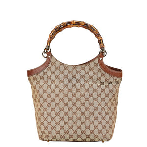 グッチ GGキャンバス バンブー ハンドバッグ 137394 ベージュ ブラウン キャンバス レザー レディース GUCCI 【中古】