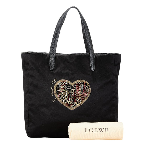 ロエベ ハート モチーフ ビジュー トートバッグ ブラック ナイロン レザー レディース LOEWE 【中古】