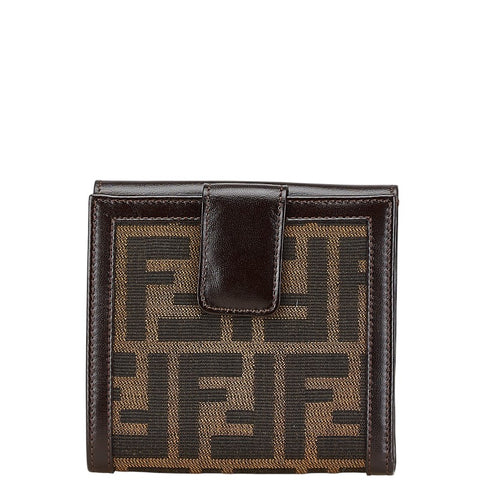 フェンディ ズッカ 二つ折り財布 ブラウン ベージュ キャンバス レザー レディース FENDI 【中古】