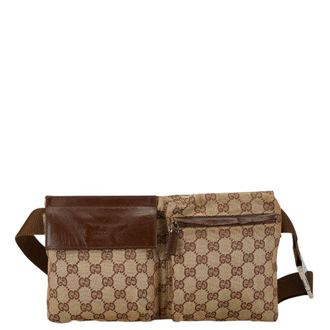 グッチ GGキャンバス ボディバッグ ウエストバッグ 28566 ベージュ ブラウン キャンバス レザー レディース GUCCI 【中古】