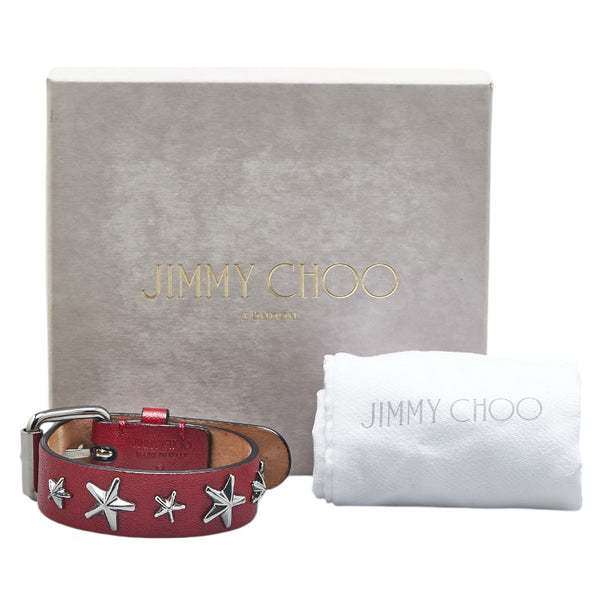 ジミーチュウ スタースタッズ ブレスレット ワインレッド シルバー レザー メタル レディース JIMMY CHOO 【中古】