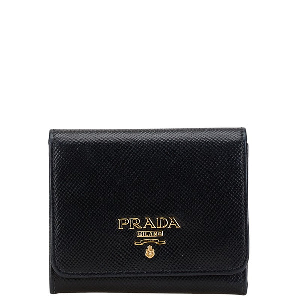 プラダ ロゴ金具 三つ折り財布 ブラック サフィアーノ レディース PRADA 【中古】