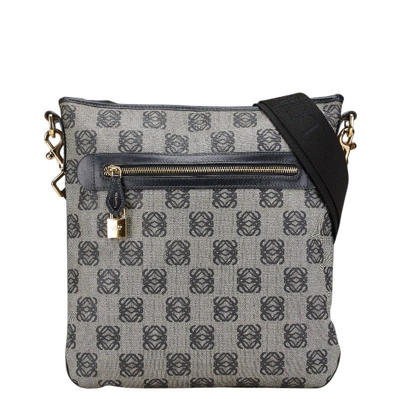 ロエベ アナグラム 斜め掛け ショルダーバッグ グレー ネイビー PVC キャンバス レディース LOEWE 【中古】