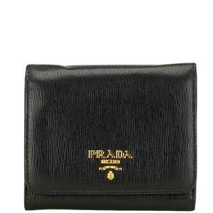 プラダ ロゴ 三つ折り財布 ブラック レザー レディース PRADA 【中古】