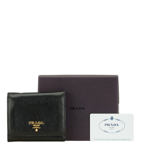 プラダ ロゴ 三つ折り財布 ブラック レザー レディース PRADA 【中古】