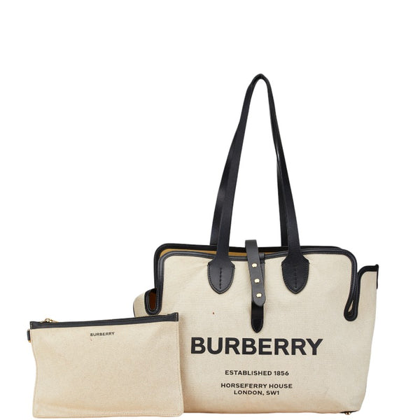 バーバリー ロゴ トートバッグ ベージュ キャンバス レザー レディース BURBERRY 【中古】