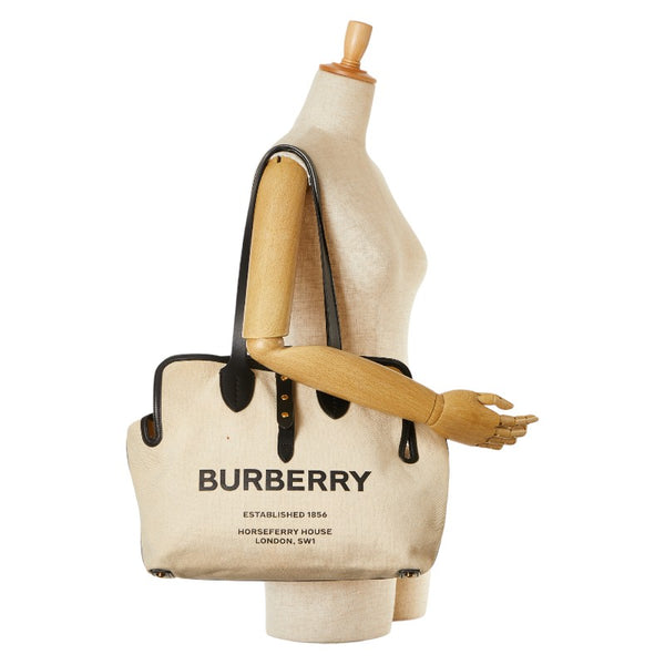 バーバリー ロゴ トートバッグ ベージュ キャンバス レザー レディース BURBERRY 【中古】