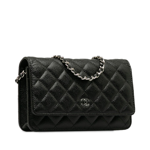 シャネル マトラッセ ココマーク チェーン ウォレット ショルダーバッグ　 ブラック キャビアスキン レディース CHANEL 【中古】