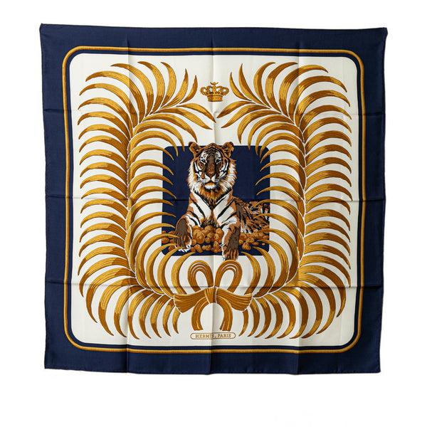 エルメス カレ90 TIGRE ROYAL 王者の虎 スカーフ ネイビー ホワイト ゴールド シルク レディース HERMES 【中古】