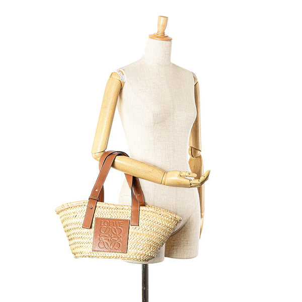 ロエベ アナグラム バスケットバッグ スモール ハンドバッグ ベージュ ブラウン ラフィア レザー レディース LOEWE 【中古】
