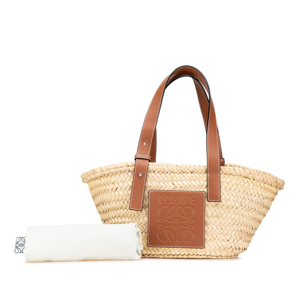 ロエベ アナグラム バスケットバッグ スモール ハンドバッグ ベージュ ブラウン ラフィア レザー レディース LOEWE 【中古】