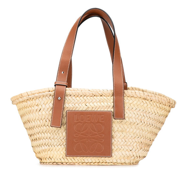 ロエベ アナグラム バスケットバッグ スモール ハンドバッグ ベージュ ブラウン ラフィア レザー レディース LOEWE 【中古】