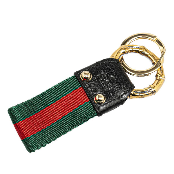 グッチ シェリーライン ロゴ キーリング ブラック レッド グリーン ゴールド キャンバス レザー メッキ レディース GUCCI 【中古】