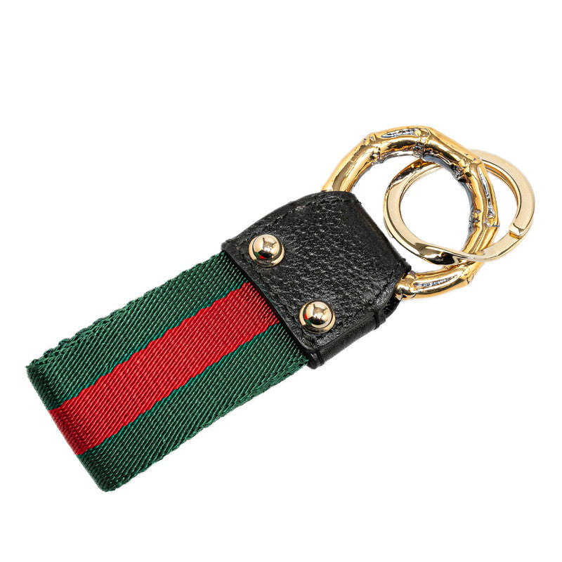 グッチ シェリーライン ロゴ キーリング ブラック レッド グリーン ゴールド キャンバス レザー メッキ レディース GUCCI 【中古】