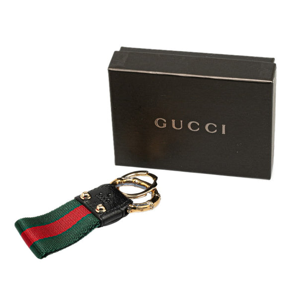 グッチ シェリーライン ロゴ キーリング ブラック レッド グリーン ゴールド キャンバス レザー メッキ レディース GUCCI 【中古】