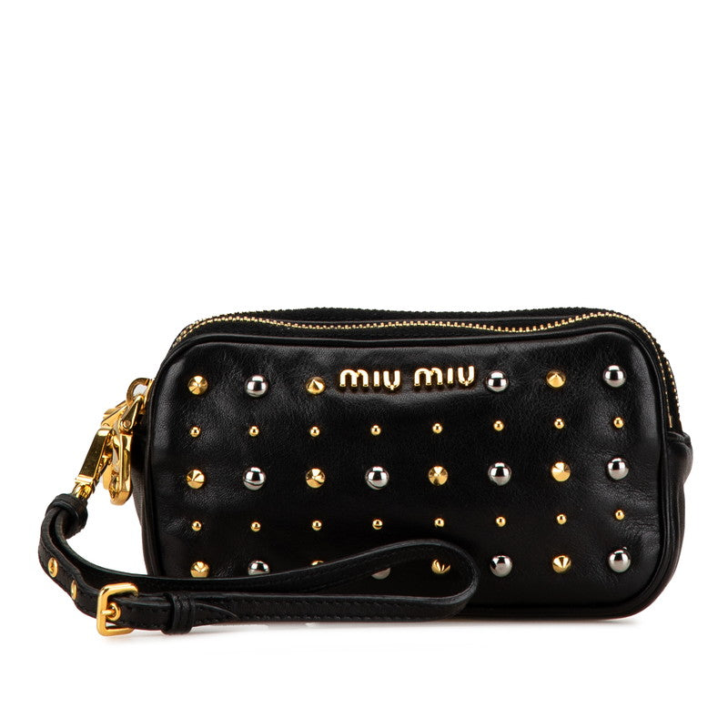 ミュウミュウ スタッズ ポーチ 小物入れ ブラック ゴールド シルバー レザー レディース MIUMIU 【中古】