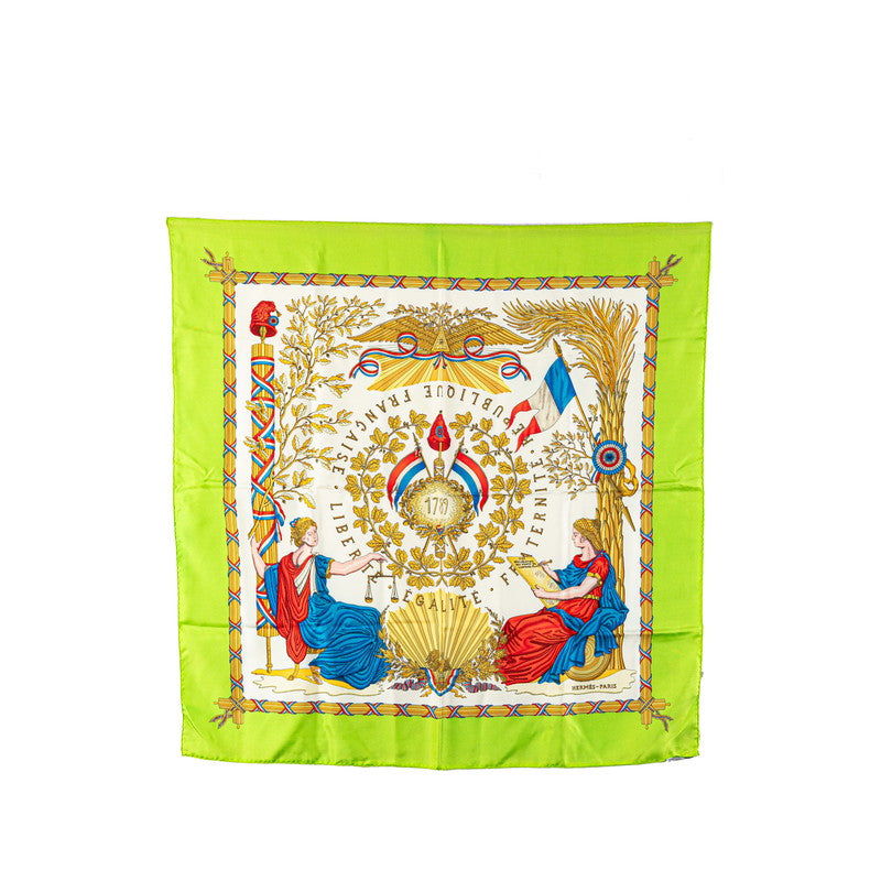 エルメス カレ90 LIBERTE EGALITE FRATERNITE REPUBLIQUE FRANCAISE フランス革命 スカーフ ライトグリーン マルチカラー シルク レディース HERMES 【中古】