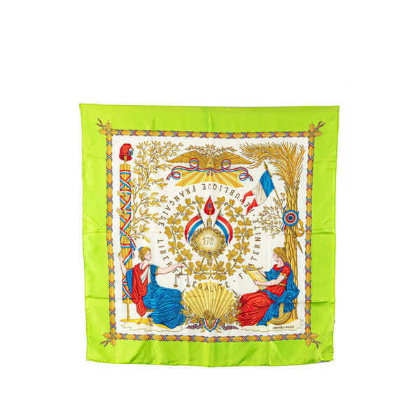 エルメス カレ90 LIBERTE EGALITE FRATERNITE REPUBLIQUE FRANCAISE フランス革命 スカーフ ライトグリーン マルチカラー シルク レディース HERMES 【中古】