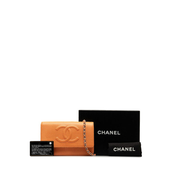 シャネル ココマーク チェーンウォレット ショルダーバッグ オレンジ シルバー キャビアスキン レディース CHANEL 【中古】