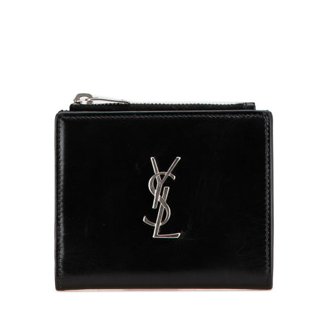 サンローラン ロゴ 二つ折り財布 ブラック レザー レディース SAINT LAURENT 【中古】