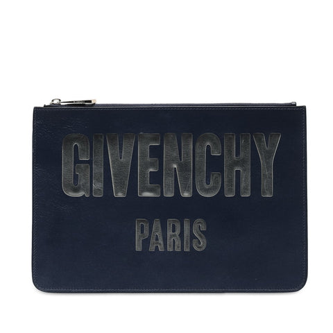 ジバンシー ロゴプレート  アイコニック クラッチバッグ セカンドバッグ ブルー シルバー レザー レディース Givenchy 【中古】