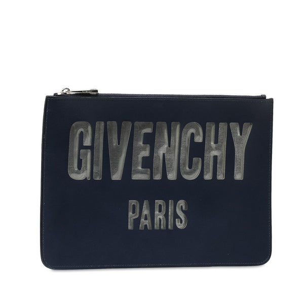 ジバンシー ロゴプレート  アイコニック クラッチバッグ セカンドバッグ ブルー シルバー レザー レディース Givenchy 【中古】