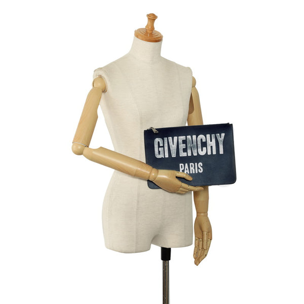 ジバンシー ロゴプレート  アイコニック クラッチバッグ セカンドバッグ ブルー シルバー レザー レディース Givenchy 【中古】