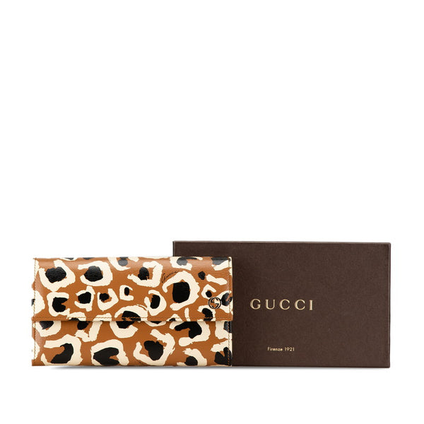 グッチ ヒョウ アニマル レオパード  長財布 309702 ブラウン ブラック レザー レディース GUCCI 【中古】