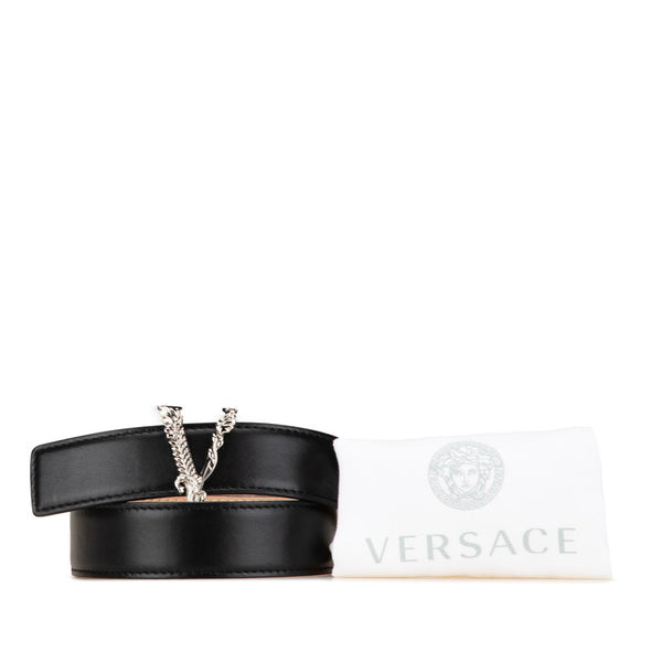 ヴェルサーチェ ヴィルトス Vロゴ ベルト 55/22 ブラック シルバー レザー レディース VERSACE 【中古】