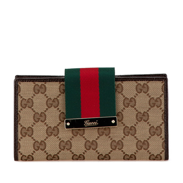 グッチ GGキャンバス シェリーライン 長財布 181668 ベージュ ブラウン キャンバス レザー レディース GUCCI 【中古】