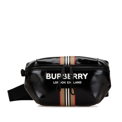 バーバリー ロゴ ストライプ ボディバッグ ウエストバッグ ブラック PVC レザー レディース BURBERRY 【中古】