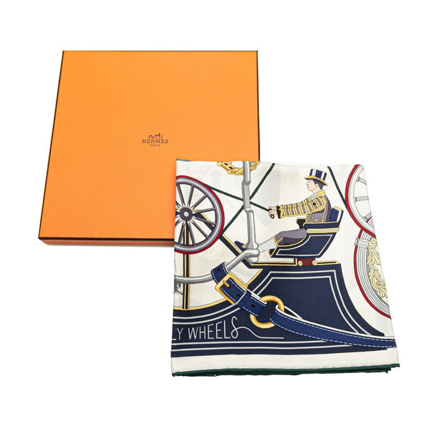 エルメス カレ90 STATELY WHEELS ステイトリー ホイールズ スカーフ ホワイト ネイビー マルチカラー シルク レディース HERMES 【中古】