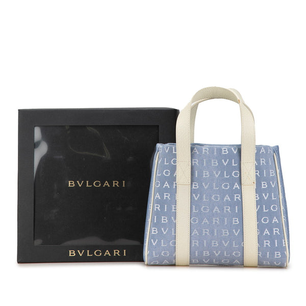 ブルガリ ロゴマニア ミニ トートバッグ ブルー ホワイト キャンバス レザー レディース BVLGARI 【中古】