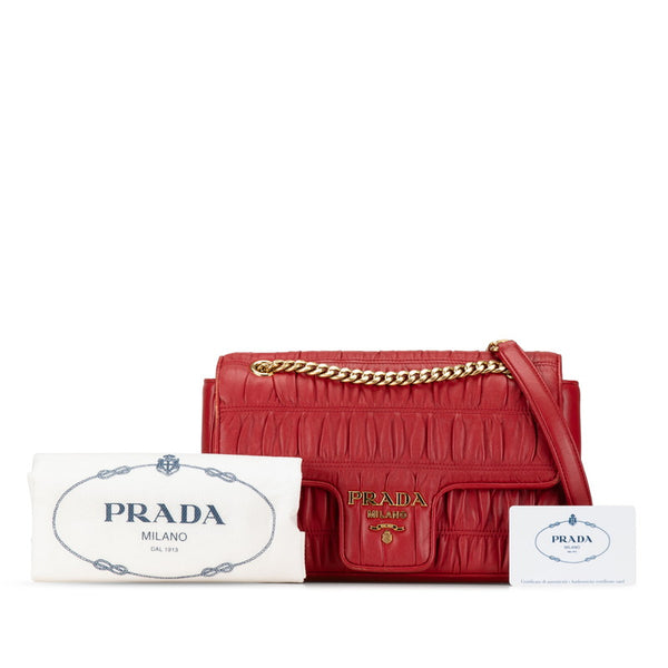 プラダ ギャザー 斜め掛け チェーンショルダーバッグ  1BD235 レッド レザー レディース PRADA 【中古】