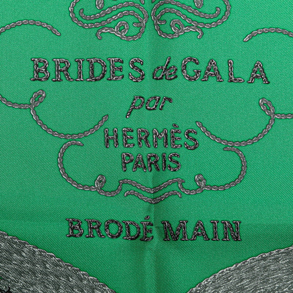 エルメス カレ90 BRIDES de GALA 式典用馬勒 スカーフ グリーン ホワイト シルク レディース HERMES 【中古】