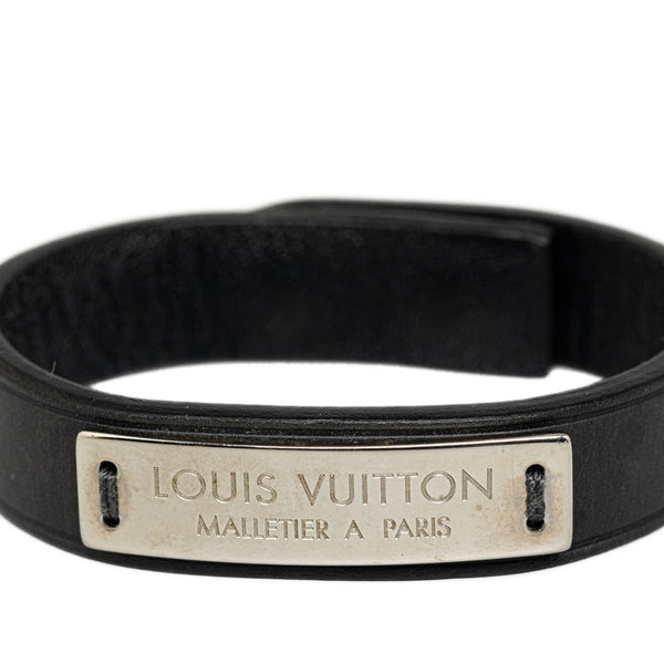 ルイ ヴィトン ロゴプレート バングル ブレスレット  M6512 ブラック シルバー レザー メンズ LOUIS VUITTON 【中古】