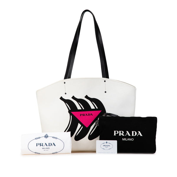 プラダ カナパ バナナ トートバッグ ショルダーバッグ ホワイト ブラック キャンバス レザー レディース PRADA 【中古】