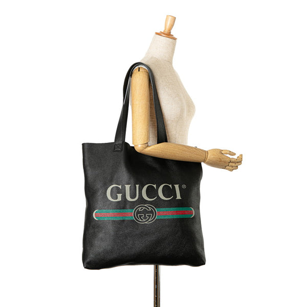 グッチ ロゴプリント ラージ トートバッグ 572768 ブラック レザー レディース GUCCI 【中古】